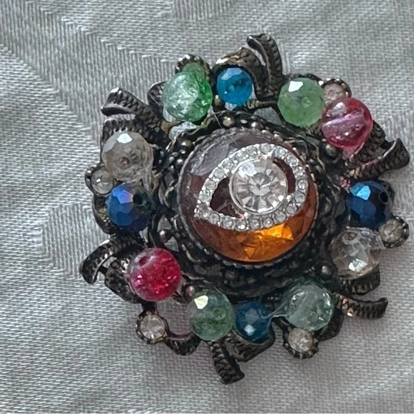 Collage beaded Brooch Handmade Repurposed Artisan Vibrant Crystal 0780 P - Picture 2 of 7